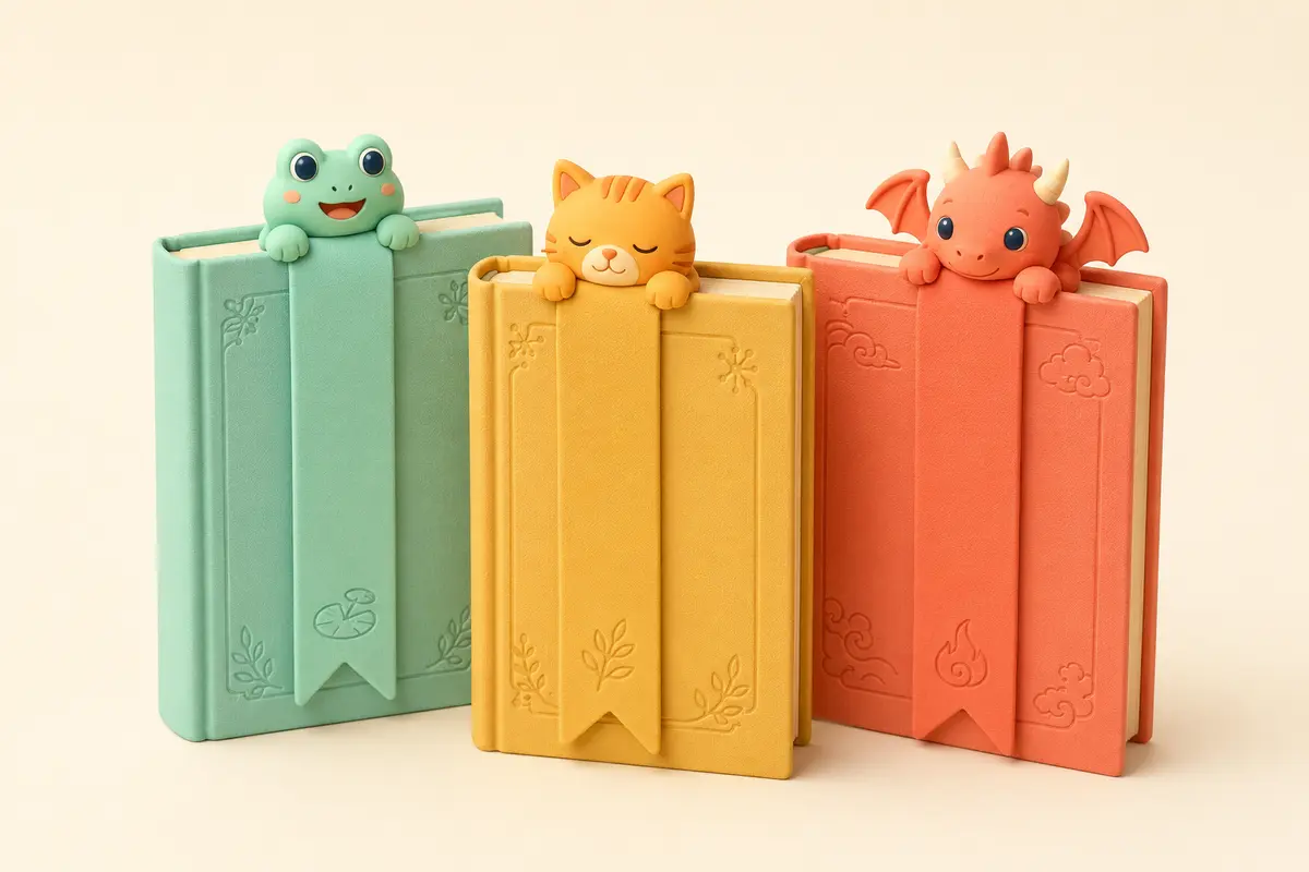 Frosch, Katze und kleiner Drache als 3D-Lesezeichen
